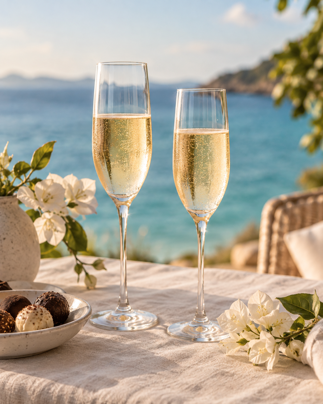 Two delicate champagne flutes with flowers and chocolate truffles, overlooking turquoise water