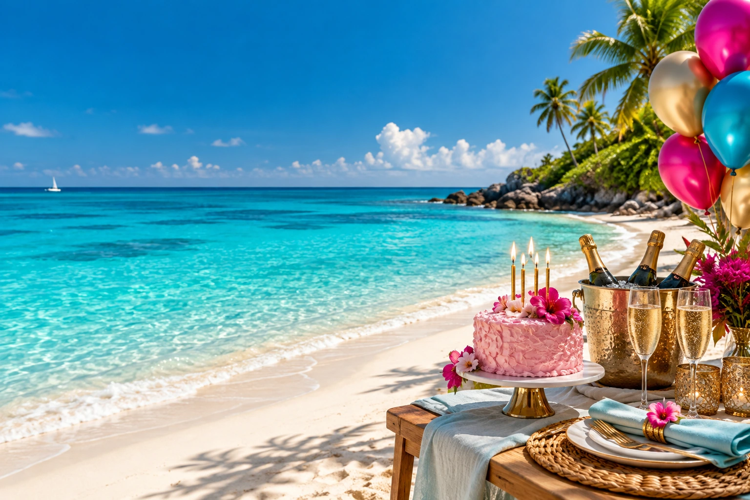 Birthday cake and champagne overlooking turquoise Caribbean water