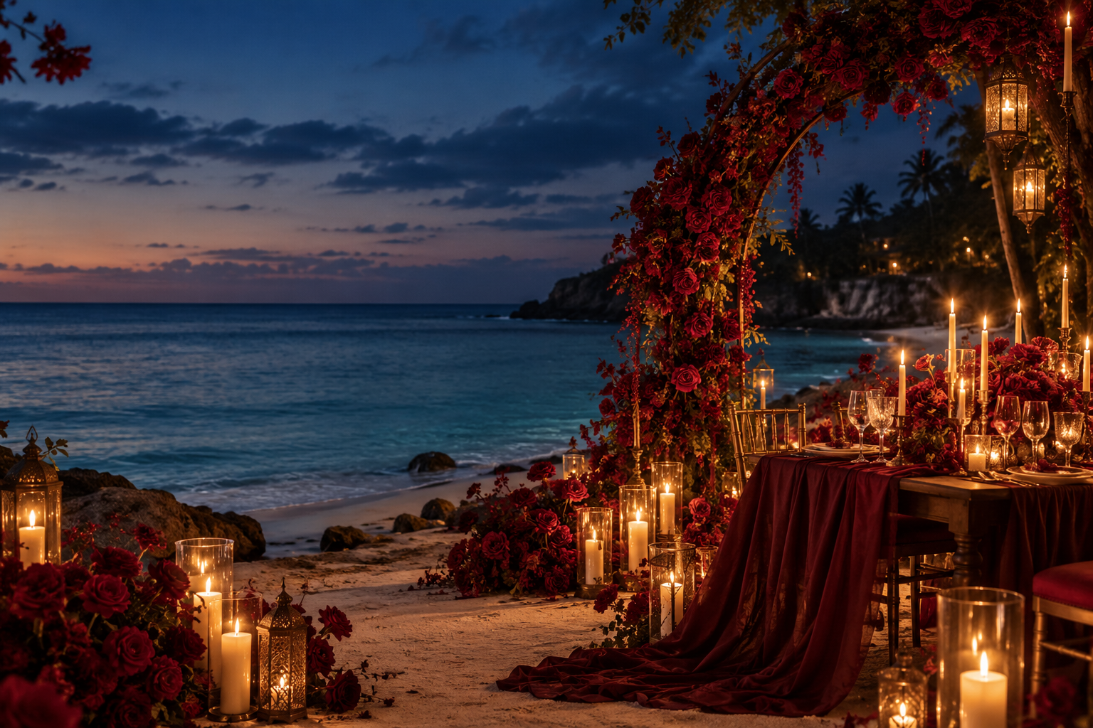 Romantic island wedding inspiration with red roses and candlelight by the sea